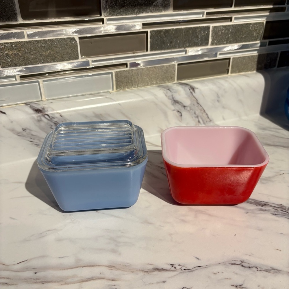 Vintage Pyrex Delphite Blue Fridge Primary Red Fridgie